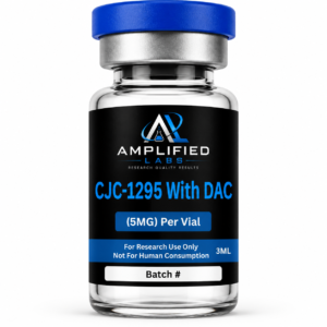 CJC-1295 research peptide vial studied for its role in growth hormone–releasing hormone receptor signaling pathway research Amplified labs