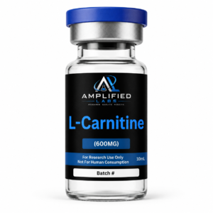 L-Carnitine research compound vial studied for its role in fatty acid transport and cellular energy metabolism pathways