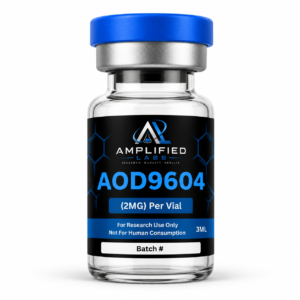 AOD-9604 research peptide vial studied for its role in growth hormone–derived peptide signaling pathway research, for in vitro laboratory use